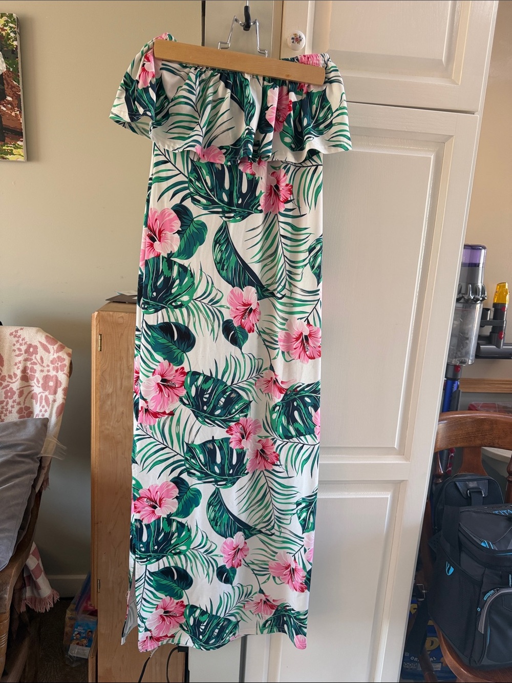 Strapless Tropical Floral Maxi Dress - White with Pink & Green
